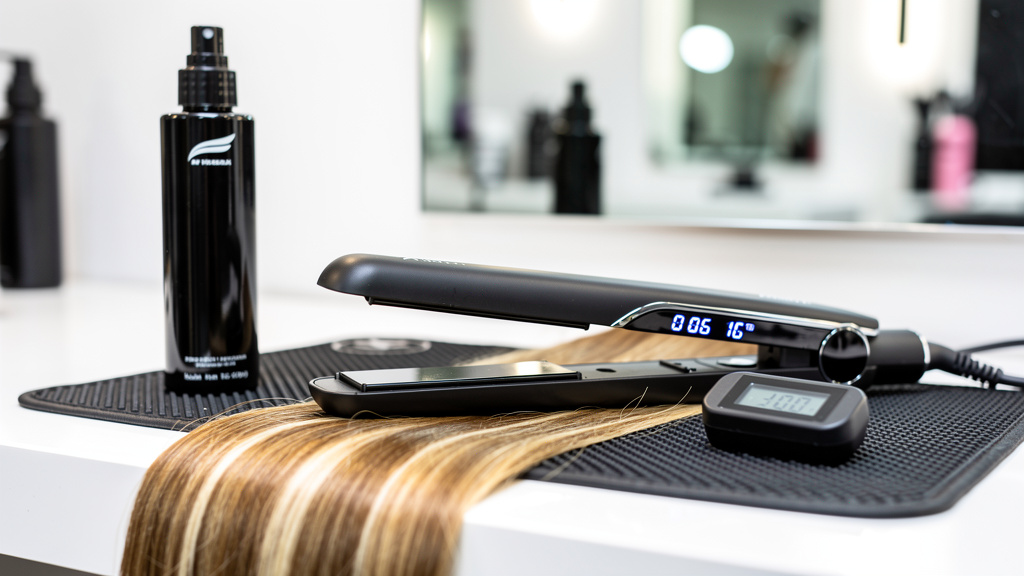 Professional heat styling setup with temperature control for blonde hair